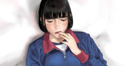  1girl bad_id bad_pixiv_id bed_sheet black_hair blue_shirt blunt_bangs bob_cut closed_eyes commentary finger_in_own_mouth freckles gym_shirt gym_uniform hair_strand hand_to_own_mouth hiramedousa lying messy_hair on_bed original shirt short_hair solo suggestive_fluid track_suit upper_body white_shirt  rating:Questionable score:27 user:danbooru