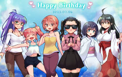  1boy 5girls ahoge black_hair black_shorts black_skirt black_thighhighs boku_to_kimi_no_natsuyasumi breasts brown_eyes brown_pants camisole character_request cleavage closed_mouth clothing_cutout commentary_request crossdressing dated feet_out_of_frame flat_chest green_eyes happy_birthday heart high_ponytail ichijou_kaede japanese_clothes kimono kosui_saya large_breasts long_hair looking_at_viewer medium_breasts miko multiple_girls navel obi off-shoulder_shirt off_shoulder one_side_up open_mouth orange_hair own_hands_together pants pink_hair pink_sash pink_shirt sash shirt short_hair shorts shoulder_cutout side_ponytail skirt small_breasts smile sunglasses syamu_game thea_schmid thighhighs tokiwa_ayame tokiwa_momo twintails white_kimono white_shirt yawata_kiyori yellow_camisole 