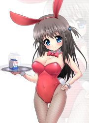  1girl animal_ears blue_eyes breasts brown_hair cameltoe character_request cleavage fake_animal_ears fishnet_pantyhose fishnets highres kemu large_breasts long_hair milk original pantyhose playboy_bunny rabbit_ears rabbit_tail solo source_request tail thigh_gap wrist_cuffs zoom_layer  rating:Questionable score:27 user:danbooru