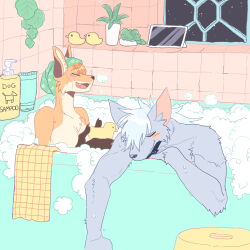  1boy 1girl animal_ears bathing bathroom bathtub blush_stickers body_fur claws closed_eyes closed_mouth completely_nude fangs fox_ears fox_girl furry furry_female furry_male grey_fur highres indoors long_hair mixed-sex_bathing nude open_mouth orange_fur orange_hair original pastel_colors plant potted_plant precure rata_(norahasu) rubber_duck shampoo_bottle shared_bathing smile smile_precure! soap_bubbles stool tile_wall tiles towel upper_body white_hair window wolf_boy wolf_ears wolfrun 