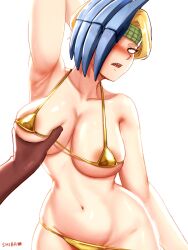  1girl 1other absurdres areola_slip arm_behind_head arm_up armpits artist_name bikini blonde_hair blush boku_no_hero_academia breasts cleavage collarbone commentary dark_skin english_commentary gold_bikini golden_week grabbing grabbing_another&#039;s_breast green_headband headband highres large_breasts looking_at_viewer mask_over_one_eye micro_bikini navel open_mouth pov pov_hands ryuukyuu sharp_teeth shibbunny short_hair solo_focus stomach sweat swimsuit teeth white_background yellow_eyes 