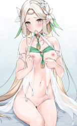  1girl bikini blush bottomless breasts elf epic_seven female_focus flat_chest iseria_(epic_seven) long_hair looking_at_viewer pointy_ears pussy sitting small_breasts solo swimsuit  rating:Explicit score:52 user:Ihatecgsngl