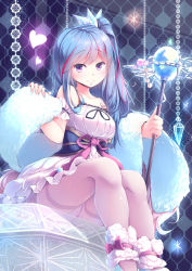  1girl absurdres arm_garter bare_shoulders blue_hair commentary_request crotch_seam crystal dress duel_monster hair_ornament heart highres kanzakietc long_hair looking_at_viewer multicolored_hair one_side_up panties panties_under_pantyhose pantyhose pink_panties red_hair rilliona_(yu-gi-oh!) shawl sitting smile solo staff strapless strapless_dress streaked_hair thighband_pantyhose two-tone_hair underwear white_dress white_pantyhose witchcrafter_madame_verre yu-gi-oh!  rating:Sensitive score:17 user:danbooru
