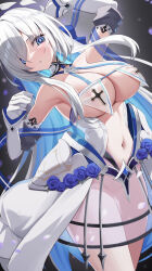  1girl arm_behind_head arm_up armor armpits azur_lane bare_shoulders blue_bow blue_eyes blue_hair blue_ribbon blush bow breast_curtains breasts brennus_(azur_lane) cape cleavage collarbone colored_inner_hair commentary covered_erect_nipples cowboy_shot cross detached_sleeves faulds gloves hair_between_eyes hair_bow hair_over_one_eye halo halo_behind_head highres humo large_breasts long_hair looking_at_viewer multicolored_hair navel nipples parted_lips ribbon see-through see-through_skirt sidelocks skirt solo standing stomach two-tone_hair very_long_hair waist_cape white_cape white_gloves white_hair white_sleeves 