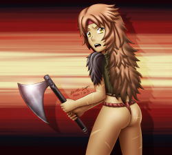  1girl absurdres ass axe brown_hair from_behind fundoshi headband highres japanese_clothes long_hair looking_back mr_creeping_deth original scar solo thong weapon yellow_eyes  rating:Questionable score:3 user:verm