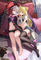  2girls absurdres arm_up bandaged_arm bandages barefoot black_bow black_choker black_shirt black_shorts black_thighhighs blonde_hair blue_eyes bow cherng choker commentary_request crop_top denim denim_shorts dress foot_out_of_frame grey_hair hair_intakes highres honkai_(series) honkai_impact_3rd long_sleeves looking_at_viewer midriff multiple_girls navel purple_eyes red_dress shirt short_shorts shorts smile songque_(honkai_impact) stomach thelema_(honkai_impact) thighhighs thighs two_side_up wide_sleeves 