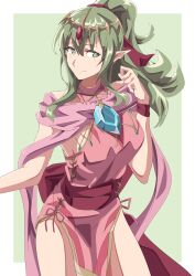  1girl absurdres aged_up arm_up breasts closed_mouth cosplay cowboy_shot dragonstone dress fire_emblem fire_emblem:_mystery_of_the_emblem fire_emblem_awakening fire_emblem_heroes green_background green_eyes green_hair highres jewelry long_hair looking_at_viewer medium_breasts nintendo pink_dress pointy_ears ponytail red_sash ribbon sash short_dress simple_background sleeveless sleeveless_dress smile solo thighs tiara tiki_(adult)_(fire_emblem) tiki_(fire_emblem) tiki_(young)_(fire_emblem) tiki_(young)_(fire_emblem)_(cosplay) to_(tototo_tk) two-tone_background white_background 