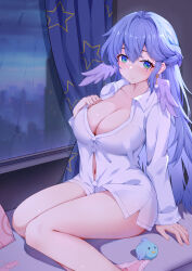 1girl absurdres alternate_breast_size animal_charm blue_hair bra breasts cityscape cleavage collarbone collared_shirt commentary_request curtains delusion_god earrings feet_out_of_frame hair_between_eyes hair_intakes hand_on_own_chest head_wings highres honkai:_star_rail honkai_(series) huge_breasts indoors jewel_under_eye jewelry light_blush looking_at_viewer naked_shirt navel no_pants panties pillow pink_bra pink_panties rain robin_(honkai:_star_rail) shirt smile solo thick_thighs thighs underwear unworn_bra unworn_panties white_shirt window wings 