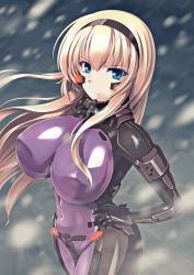  1girl blizzard blonde_hair blue_eyes bodysuit breasts cleavage covered_erect_nipples covered_navel eyebrows foreshortening from_above frown glowing hairband hand_on_own_hip hassen_(8cm) huge_breasts impossible_clothes irisdina_bernhard long_hair motion_blur muv-luv muv-luv_alternative pilot_suit purple_bodysuit schwarzesmarken shiny_clothes skin_tight snow solo very_long_hair  rating:Questionable score:33 user:danbooru