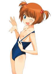  00s 1girl a1_(initial-g) absurdres blue_eyes blush clothes_pull fang fat_mons flat_chest hair_bobbles hair_ornament highres kataoka_yuuki loli nipples one-piece_swimsuit one-piece_swimsuit_pull one_eye_closed orange_hair puffy_nipples pulling_own_clothes saki_(manga) school_swimsuit short_twintails simple_background solo swimsuit twintails two_side_up waving wink  rating:Questionable score:59 user:danbooru