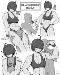  1boy 1girl abs absurdres ahoge bare_arms bare_legs bare_shoulders biceps blush book breasts cleavage_cutout clothing_cutout collarbone english_text greyscale hair_between_eyes hand_on_own_hip hands_on_another&#039;s_thighs head_between_thighs highres holding holding_book hug large_breasts light_smile looking_at_another monochrome muscular muscular_female naughty_face navel obliques open_mouth original pen short_hair sketch sketchbook smile speedl00ver sports_bra thick_thighs thighs toned underwear white_background wristband  rating:Sensitive score:21 user:danbooru
