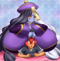 1boy 1girl black_hair blush borrowed_character breasts cleavage cleavage_cutout clothing_cutout gigantic_breasts hat highres jcdr jiangshi long_hair original red_hair white_hair rating:Questionable score:15 user:GarlandChaos