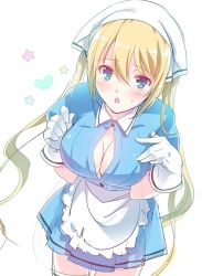 1girl :o apron blend_s blonde_hair blue_eyes blue_shirt bonnet breasts cleavage cowboy_shot gloves heart hinata_kaho large_breasts long_hair looking_at_viewer open_mouth satou_satoru shirt simple_background solo star_(symbol) twintails white_apron white_background white_gloves rating:Sensitive score:10 user:danbooru