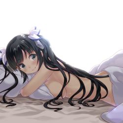 10s 1girl alternate_eye_color bed bed_sheet black_hair blush breast_press breasts buntan c: closed_mouth dungeon_ni_deai_wo_motomeru_no_wa_machigatteiru_darou_ka female_focus grey_eyes hair_ornament hair_ribbon hestia_(danmachi) hugging_object large_breasts lens_flare long_hair looking_at_viewer lying naked_sheet nude on_bed on_stomach pillow pillow_hug ribbon simple_background smile solo twintails under_covers white_background white_ribbon rating:Questionable score:67 user:danbooru