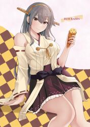  1girl alternate_costume bare_shoulders black_hair breasts brown_eyes checkered_background closed_mouth commentary_request detached_sleeves english_text hair_between_eyes hair_ornament hairclip haruna_(kancolle) haruna_kai_ni_(kancolle) headgear highres holding holding_ice_cream_cone ice_cream_cone invisible_chair japanese_clothes jouzaburou_(joe3) kantai_collection kimono large_breasts long_hair looking_at_viewer nontraditional_miko red_skirt ribbon-trimmed_sleeves ribbon_trim sitting skirt smile solo white_kimono wide_sleeves 