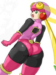  00s 1girl ass blonde_hair bodysuit capcom female_focus green_eyes isu latex leotard looking_back lowres mega_man_(series) mega_man_battle_network mega_man_battle_network_(series) oekaki open_mouth roll.exe_(mega_man) simple_background smile solo thick_thighs thighhighs thighs when_you_see_it  rating:Questionable score:73 user:danbooru