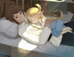  10s 1boy 1girl bare_shoulders barefoot black_pants blue_dress blush brown_hair charlotta_(granblue_fantasy) closed_mouth dress closed_eyes gran_(granblue_fantasy) granblue_fantasy hands_on_another&#039;s_back harvin long_hair looking_at_another lying on_back on_bed on_side pants parted_lips pointy_ears shirt short_hair size_difference sleeping smile spaghetti_strap strap_slip sundress sunlight very_long_hair walkalone white_shirt  rating:Sensitive score:110 user:danbooru
