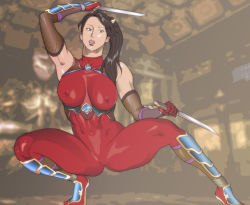  abs abstract_background arm_up armpits bare_shoulders blurry blurry_background bodysuit bracer breasts brooch brown_eyes brown_hair covered_erect_nipples dual_wielding fighting_stance fishnets harness high_ponytail highres holding jewelry large_breasts lipstick makeup namco nappii_(nappy_happy) navel nipples ponytail red_bodysuit shiny_skin short_sword skin_tight solo soul_calibur spread_legs squatting swept_bangs sword tagme taki_(soulcalibur) tanto thighs tiptoes toned weapon  rating:Questionable score:14 user:luls