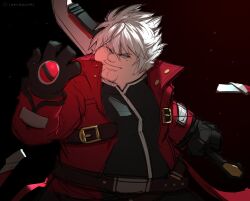  1boy black_gloves black_shirt blazblue cleft_chin closed_mouth coat cosplay family_guy fat fat_man gloves green_eyes hand_up heterochromia highres holding holding_sword holding_weapon kowai_(iamkowai) looking_at_viewer male_focus peter_griffin ragna_the_bloodedge ragna_the_bloodedge_(cosplay) red_coat red_eyes shirt short_hair solo spiked_hair sword weapon white_hair 