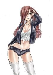 1girl breasts breasts_apart brown_eyes camisole casual cleavage crop_top crop_top_overhang curvy earrings erza_scarlet fairy_tail hair_over_one_eye hand_on_own_hip jacket jewelry large_breasts long_hair mashima_hiro midriff navel no_bra official_art open_fly parted_lips red_hair ruffling_hair short_shorts shorts solo thighhighs torn_clothes unzipped white_thighhighs rating:Sensitive score:151 user:danbooru
