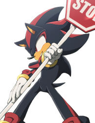  1boy furry furry_male gloves holding holding_sign male_focus red_eyes road_sign shadow_the_hedgehog shadow_the_hedgehog_(game) sign simple_background solo sonic_(series) stop_sign t_akiko tail white_background white_gloves 