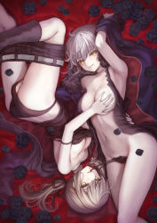 2girls artoria_pendragon_(all) artoria_pendragon_(fate) ass black_flower black_panties black_rose breasts fate/grand_order fate/stay_night fate_(series) flower grabbing grabbing_another&#039;s_breast highres jeanne_d&#039;arc_(fate) jeanne_d&#039;arc_alter_(fate) jeanne_d&#039;arc_alter_(ver._shinjuku_1999)_(fate) long_hair mashuu_(neko_no_oyashiro) medium_breasts mouth_hold multiple_girls navel official_alternate_costume open_clothes panties panty_pull ponytail rose rotational_symmetry saber_alter saber_alter_(ver._shinjuku_1999)_(fate) short_hair smile underwear undressing upside-down yellow_eyes rating:Questionable score:36 user:danbooru