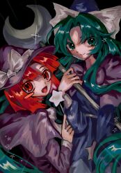  2girls :d black_background blue_dress blue_hat blush_stickers bow bowtie capelet closed_mouth colored_eyelashes commentary_request dress emphasis_lines fang glint green_eyes green_hair hand_up hat hat_bow highres holding holding_staff holding_wand kirisame_marisa kirisame_marisa_(pc-98) long_hair long_sleeves looking_at_viewer mima_(touhou) multiple_girls open_mouth parted_bangs print_dress purple_capelet purple_dress purple_hat red_eyes red_hair single_blush_sticker smile staff star_(symbol) star_print star_wand story_of_eastern_wonderland touhou touhou_(pc-98) very_long_hair wand white_bow white_bowtie witch_hat wizard_hat yomogi0446 
