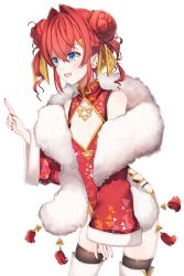  1girl alternate_costume alternate_hairstyle ange_katrina bad_id bad_pixiv_id blue_eyes breasts china_dress chinese_clothes cleavage_cutout clothing_cutout double_bun dress fur_trim hair_behind_ear hair_bun highres leaning_forward nijisanji open_hand open_mouth pointing re-ka red_hair skindentation sleeves_past_wrists small_breasts solo thighhighs triangle_hair_ornament virtual_youtuber 