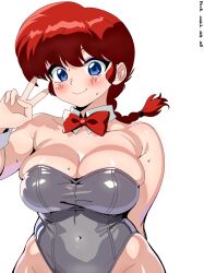 1girl 2023 bare_shoulders blue_eyes blush bow bowtie braid breasts bursting_breasts cleavage closed_mouth dated detached_collar donguri2 eyeshadow highres large_breasts leotard looking_at_viewer makeup playboy_bunny plump ranma-chan ranma_1/2 red_hair saotome_ranma skindentation smile solo sweat v white_background wide_hips wrist_cuffs  rating:Questionable score:26 user:NiceSquish