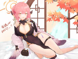 1girl aru_(blue_archive) aru_(flowery_charms)_(blue_archive) autumn_leaves black_dress black_sleeves blue_archive blunt_bangs blush bracelet breasts brown_horns china_dress chinese_clothes cleavage commentary_request covered_navel demon_horns detached_sleeves dress full_body gold_trim hair_between_eyes halo highres holding holding_mahjong_tile horns jewelry large_breasts lattice leaf long_hair looking_at_viewer lying mahjong mahjong_soul mahjong_tile maple_leaf medium_bangs on_side oniku_(monyo) open_mouth orange_halo pink_hair sleeveless sleeveless_dress smile solo thigh_strap translation_request yellow_eyes