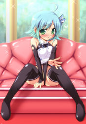  1girl ahoge bare_shoulders black_panties blue_hair blush breasts bridal_gauntlets couch covered_erect_nipples dream_c_club dream_c_club_(series) elbow_gloves gloves green_eyes multicolored_hair nonono_(dream_c_club) panties panty_pull pussy_juice short_hair sitting small_breasts solo sparkle tachibana_surimu thighhighs underwear  rating:Explicit score:42 user:danbooru