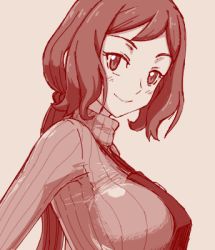 1girl apron beige_background breasts from_side gundam gundam_build_fighters iori_rinko large_breasts long_hair looking_at_viewer lowres monochrome pochiiru_(uowou) ponytail ribbed_sweater short_bangs smile solo sweater turtleneck rating:Sensitive score:11 user:danbooru