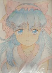 1girl ainu_clothes blue_eyes blue_hair breasts hair_ribbon highres long_hair looking_at_viewer nakoruru ribbon samurai_spirits small_breasts smile snk solo the_king_of_fighters traditional_media