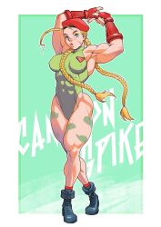 1girl armpits arms_up beret blonde_hair blue_eyes boots braid breasts cammy_white capcom covered_erect_nipples female_focus fingerless_gloves full_body gloves hat leotard lips long_hair looking_at_viewer medium_breasts muscular muscular_female pokkuti scar scar_on_face solo street_fighter thick_thighs thighs twin_braids very_long_hair