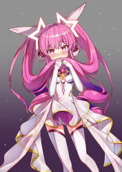  1girl absurdres aisha_landar blush boots bow brooch cropped_legs dress elbow_gloves elsword gloves hair_drill heart heart-shaped_pupils highres jewelry long_hair looking_at_viewer lulumiya_(abbb1233) magical_girl metamorphy_(elsword) pink_eyes pink_hair purple_bow solo star_(symbol) symbol-shaped_pupils thigh_boots thighhighs twintails white_dress white_footwear white_gloves  rating:General score:5 user:Psychomaniac14