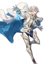 1boy armor attack barefoot blue_cape blue_pants cape corrin_(fire_emblem) corrin_(male)_(hoshido_noble)_(fire_emblem) dragonstone fire_emblem fire_emblem_fates fire_emblem_heroes gauntlets grey_hair highres male_focus nintendo non-web_source official_alternate_costume official_art open_mouth pants pointy_ears red_eyes rope shimenawa solo v-shaped_eyebrows white_armor white_cape