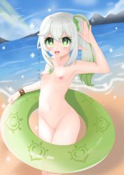  1girl absurdres beach blush breasts censored completely_nude female_focus genshin_impact highres innertube loli looking_at_viewer mosaic_censoring nahida_(genshin_impact) navel nipples nude ocean outdoors pointy_ears rainbow sand small_breasts solo swim_ring white_hair  rating:Explicit score:58 user:LoliconchatterDM