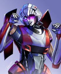  1girl absurdres arcee black_lips blue_eyes colored_skin commentary english_commentary helmet highres humanoid_robot looking_at_viewer no_humans one_eye_closed robot robot_girl ryuudraws shiny_skin smile solo transformers transformers:_rise_of_the_beasts transformers_(live_action) 