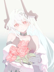 1girl absurdres arknights bare_shoulders black_gloves black_sports_bra blush bouquet breasts commentary flower gloves gradient_background grey_background hair_ornament highres holding holding_bouquet horns infection_monitor_(arknights) jumpsuit kujou_koto large_breasts long_hair looking_at_viewer material_growth mudrock_(arknights) mudrock_(elite_ii)_(arknights) open_jumpsuit oripathy_lesion_(arknights) red_eyes red_flower red_rose rose sports_bra upper_body white_hair white_jumpsuit 