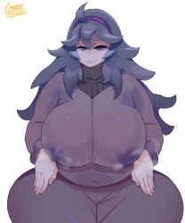  1girl absurdres ahoge breasts creatures_(company) crystalcheese_(artist) fat game_freak hairband hex_maniac_(pokemon) highres huge_breasts large_areolae looking_at_viewer nintendo plump pokemon pokemon_xy purple_eyes purple_hair smile solo thick_thighs thighs wide_hips  rating:Questionable score:119 user:Ahegao_lmao