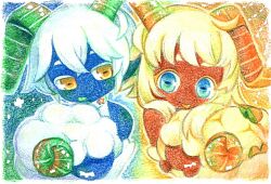  2others androgynous animal animal_ears animal_hug bare_shoulders blonde_hair blue_eyes blue_skin colored_skin colored_tongue commentary_request creature_and_personification curled_horns dark_skin frown green_horns green_tongue highres horns looking_at_viewer medium_hair multiple_others orange_horns original piyoko9494 polar_opposites sheep sheep_ears smile tongue tongue_out traditional_media upper_body white_hair yellow_eyes 