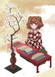  1girl bell book checkered_clothes checkered_kimono closed_mouth commentary_request frilled_shirt_collar frilled_skirt frills green_skirt hair_bell hair_ornament hands_in_opposite_sleeves highres japanese_clothes jingle_bell kimono long_sleeves motoori_kosuzu orange_eyes orange_hair plant pleated_skirt potted_plant red_kimono seiza shirt short_hair silent_siren sitting skirt smile solo table touhou tree two_side_up undershirt white_kimono white_shirt wide_sleeves 