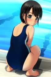 1girl absurdres ass backless_outfit backless_swimsuit bare_legs bare_shoulders barefoot black_hair blue_one-piece_swimsuit blush brown_eyes closed_mouth day from_behind full_body highres looking_at_viewer looking_back matsunaga_kouyou nose_blush one-piece_swimsuit original outdoors pool poolside puddle school_swimsuit smile solo squatting swimsuit water wet rating:Sensitive score:44 user:danbooru
