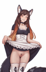  1girl animal_ear_fluff animal_ears bell black_choker blush brown_eyes brown_hair choker cleft_of_venus clothes_lift dress dress_lift female_pubic_hair highres lifting_own_clothes long_hair looking_at_viewer maid neck_bell no_panties original personal_ami pubic_hair pussy signature smile solo tail thighhighs white_thighhighs 