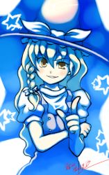  1girl blue_theme braid female_focus hat head_tilt index_finger_raised kirisame_marisa looking_at_viewer monochrome puffy_short_sleeves puffy_sleeves short_sleeves simon_(artist) single_braid solo standing touhou witch_hat 