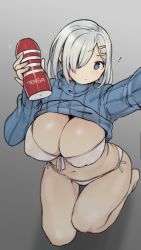 10s 1girl ? alternate_costume artificial_vagina bare_legs barefoot blue_eyes blurry blush bra breasts cleavage clothes_lift covered_erect_nipples depth_of_field from_above front-tie_top gradient_background hair_ornament hair_over_one_eye hairclip hamakaze_(kancolle) huge_breasts jorin kantai_collection kneeling lace lace_bra looking_at_viewer navel panties ribbed_sweater sex_toy shirt shirt_lift side-tie_panties silver_hair simple_background solo sweater tenga turtleneck underwear white_bra white_panties rating:Questionable score:94 user:danbooru