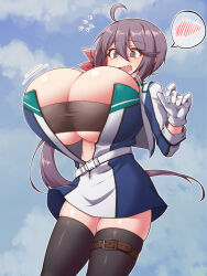  1girl ahoge akebono_(kancolle) akebono_(race_queen_mode)_(kancolle) alternate_breast_size bandeau black_thighhighs blue_dress blue_sky breast_expansion breasts cloud commentary_request dress fang flower gloves grey_bandeau grey_hair hair_flower hair_ornament highres huge_breasts kantai_collection long_hair open_clothes race_queen short_dress side_ponytail sky solo spoken_blush thighhighs white_gloves yuki_to_hana 