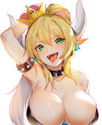 1girl arm_behind_head armlet armpits bare_shoulders blonde_hair bowsette breasts btraphen cleavage collar collarbone crown earrings fangs green_eyes horns jewelry large_breasts long_hair looking_at_viewer mario_(series) new_super_mario_bros._u_deluxe nintendo open_mouth pointy_ears ponytail saliva simple_background solo spiked_armlet spiked_collar spikes super_crown tongue tongue_out upper_body white_background rating:Sensitive score:51 user:danbooru