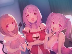  3girls :d babydoll bare_arms bare_shoulders black_ribbon blunt_bangs blush breasts cleavage closed_mouth collarbone crossed_arms demon_girl demon_tail dress fangs finger_to_mouth frilled_dress frills highres indoors lamp large_breasts leaning_forward looking_at_viewer multiple_girls navel non-web_source off-shoulder_dress off_shoulder official_art open_mouth orange_hair original own_hands_together pink_dress pink_eyes pink_hair pokachu ribbon short_hair sidelocks slit_pupils smile strap_gap tail twintails v-shaped_eyebrows white_ribbon  rating:Sensitive score:45 user:danbooru