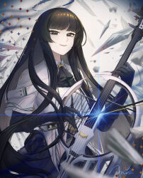  1girl aota_(tokidoki_cc) arknights artist_name ascot belt belt_buckle belt_pouch black_ascot black_belt black_eyes black_gloves black_hair black_skirt blunt_bangs blurry blurry_foreground bow_(music) broken_halo buckle cello closed_mouth collared_jacket colored_inner_hair commentary_request cowboy_shot dark_halo depth_of_field detached_wings energy_wings eyelashes floating_hair glint gloves grey_hair grey_halo grey_wings halo hand_up hime_cut holding holding_bow_(music) holding_instrument instrument jacket layered_sleeves long_hair long_sleeves looking_at_viewer miniskirt mole mole_under_eye multicolored_hair music pale_skin playing_instrument pleated_skirt pouch short-sleeved_jacket short_over_long_sleeves short_sleeves sidelocks signature skirt smile solo standing star_(symbol) straight_hair strap two-tone_hair very_long_hair virtuosa_(arknights) white_jacket wide_sleeves wing_collar wings yellow_pupils 